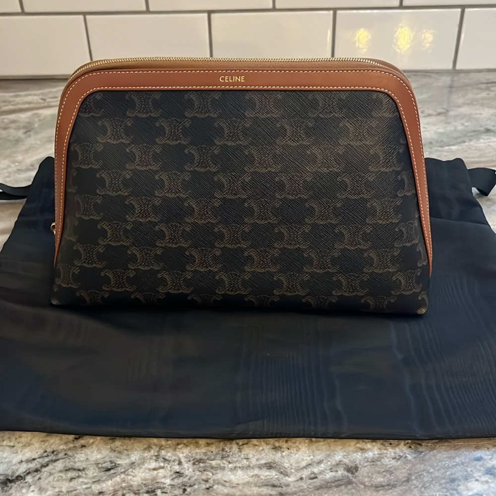 Celine LARGE COSMETIC POUCH IN TRIOMPHE CANVAS AND CALFSKIN
